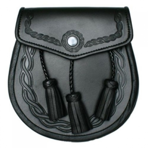 Celtic-Embossed-Black-Daywear-Sporran-Chain-Staps-included.