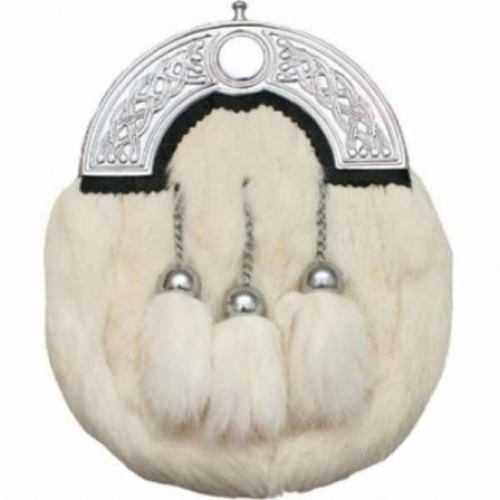 WHITE-RABBIT-FUR-SPORRAN-CELTIC-CANTLE-3-WHITE-RABBIT-FUR-TASSELS-ON-CHAINS