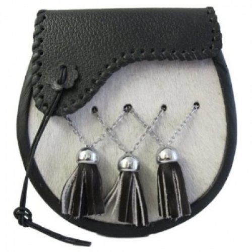 Cowhide-Kilt-SPORRAN-Shaped-Flap-&-Tassels-White-Cowhide-