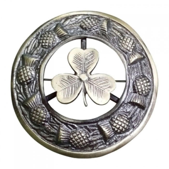 An Antique Finish Fly Plaid Brooch Thistle Ring With Irish Shamrock Crest
