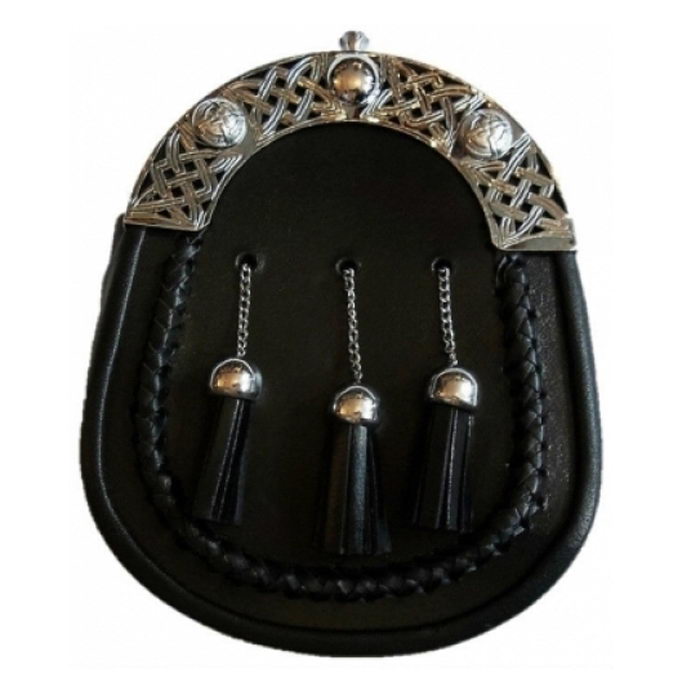 Black Leather Formal Sporran With Celtic Cantle Interlaced Celtic 