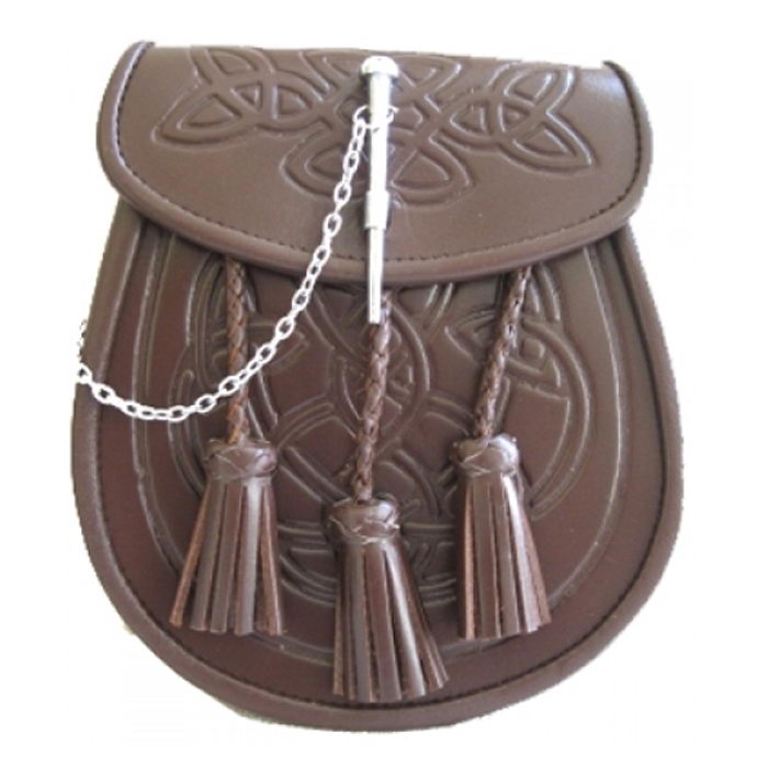 Brown Tassle Leather Sporran Pin Closure Includes Chain 