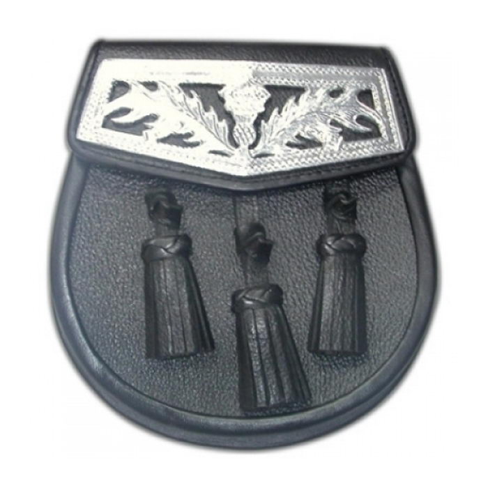 Sporran Black Leather Thistle Design Head On Flap Snap Closure